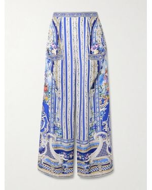CAMILLA Crystal-Embellished Printed Silk-Satin Wide-Leg Pants - Blue