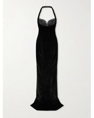 Ludovic de Saint Sernin Grace Eyelet-Embellished Leather-Trimmed Velvet Halterneck Maxi Dress - Black