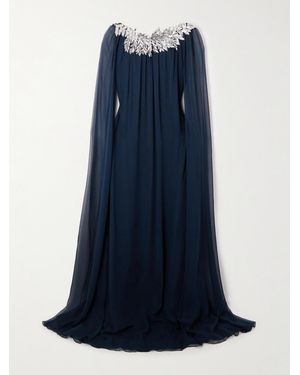 Oscar de la Renta Cape-Effect Embellished Silk-Chiffon Gown - Blue