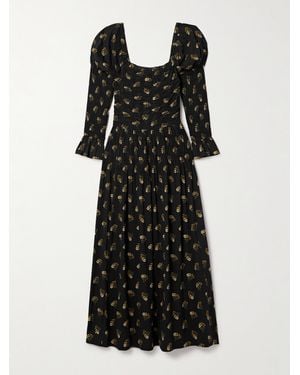 Doen Wilmina Maxikleid Aus Einer Baumwollmischung Mit Blumenprint Und Raffungen - Schwarz
