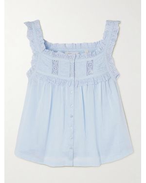 Doen Fidella Cropped Lace-Trimmed Organic Cotton-Voile Top - Blue