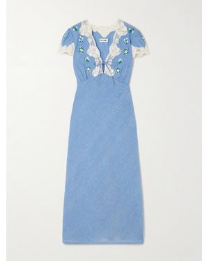 RIXO London Amari Lace-Trimmed Embroidered Cotton-Chambray Midi Dress - Blue