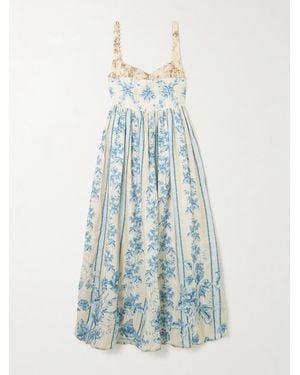 Agua Bendita Barbara Bougainvillea Embellished Printed Linen Midi Dress - Blue