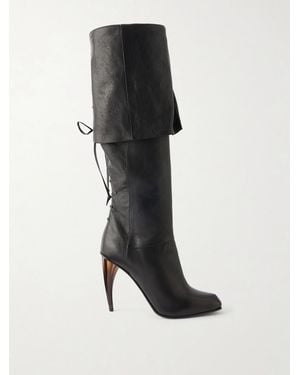 McQueen Leather Lace-Up Knee-High Boots - Black