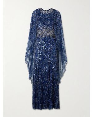 Jenny Packham Honey Dew Cape-Effect Embellished Tulle Gown - Blue