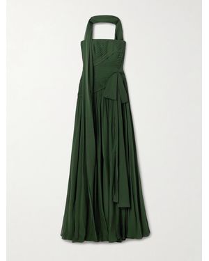 Elie Saab Scarf-Detailed Pintucked Silk Crepe De Chine Gown - Green