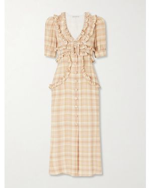 Alessandra Rich Ruffled Checked Silk Midi Dress - Natural