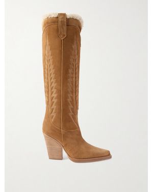 Paris Texas El Dorado Embroidered Shearling-Lined Suede Knee Boots - White