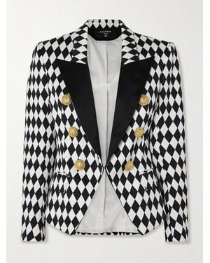 Balmain Embellished Two-Tone Argyle Cotton-Twill Blazer - Black