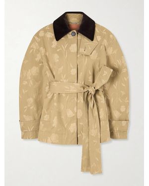 Erdem Belted Corduroy-Trimmed Floral-Jacquard Cotton Jacket - Natural