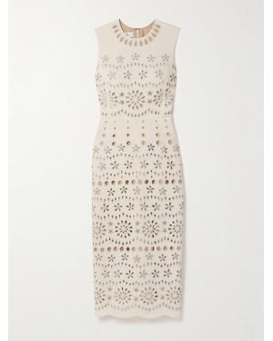 Oscar de la Renta Crystal-embellished Broderie Anglaise Wool-blend Crepe Midi Dress - Natural