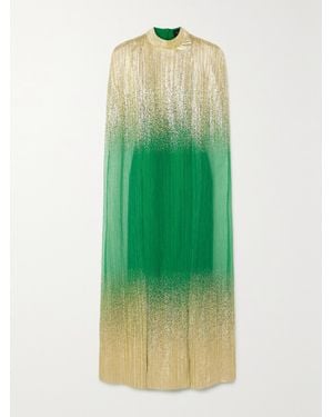 Dima Ayad Metallic Plissé-Tulle Gown And Cape Set - Green