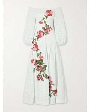 Agua Bendita Senlis Off-The-Shoulder Floral-Appliqué Checked Linen Maxi Dress - White