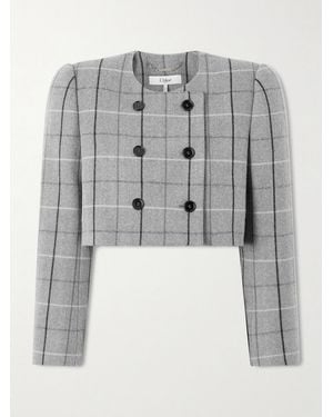 Chloé Cropped Double-Breasted Checked Wool Jacket - Gray