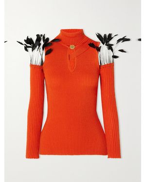 Thebe Magugu Convertible Feather-Trimmed Cutout Ribbed Wool Turtleneck Jumper - Red
