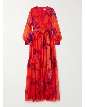 Erdem Belted Floral-print Tiered Silk-chiffon Maxi Dress