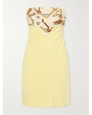 Versace Strapless Printed Twill-Trimmed Silk-Crepe Mini Dress - Yellow