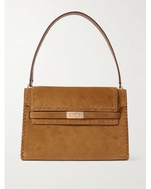Tory Burch Lee Radziwill Large Leather-Trimmed Whipstitched Suede Shoulder Bag - Natural