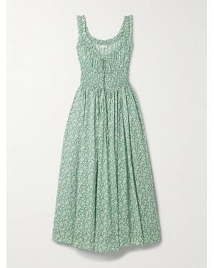 Doen Emmaretta Midikleid Aus Biobaumwoll-Voile Mit Blumenprint, Raffungen Und Bändern - Grün