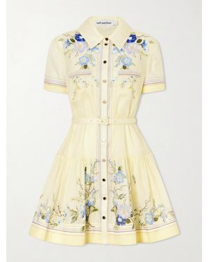 Self-Portrait Belted Floral-Print Organza Mini Shirt Dress - Metallic
