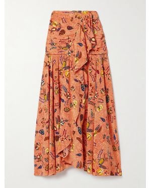 Ulla Johnson Georgina Ruffled Printed Silk Crepe De Chine Maxi Skirt - Orange