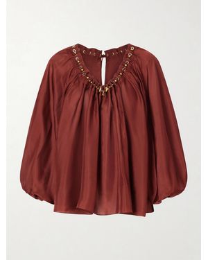 Zimmermann Aster Gathered Beaded Silk-Satin Blouse