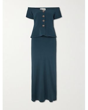 Saloni Clementine Off-The-Shoulder Embellished Cady Midi Dress - Blue