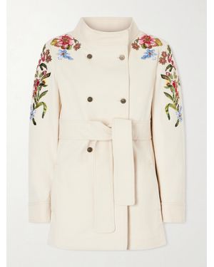 Valentino Garavani Belted Embellished Embroidered Denim Jacket - Natural