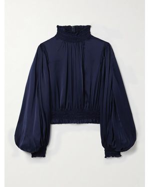 Zimmermann Dream Cropped Shirred Silk-Satin Blouse - Blue