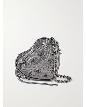 Balenciaga Le Cagole Heart Mini Metallic Crinkled-Leather Shoulder Bag - Grey