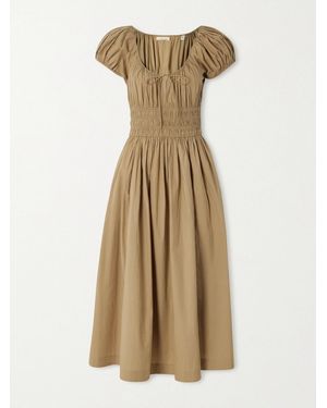 Doen Quinn Tie-Detailed Shirred Cotton-Poplin Midi Dress - Natural