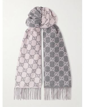 Gucci Fringed Jacquard-Knit Cashmere Scarf - White