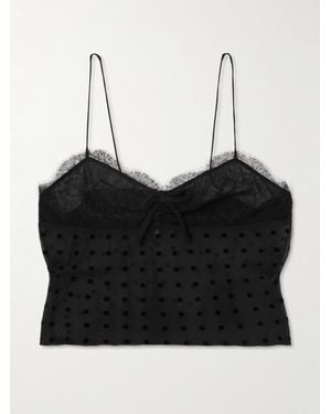 Alessandra Rich Bow-Embellished Lace-Trimmed Flocked Polka-Dot Silk-Georgette Top - Black