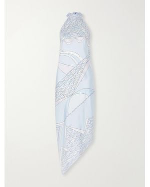 PUCCI Asymmetric Printed Silk-Twill Halterneck Midi Dress - White