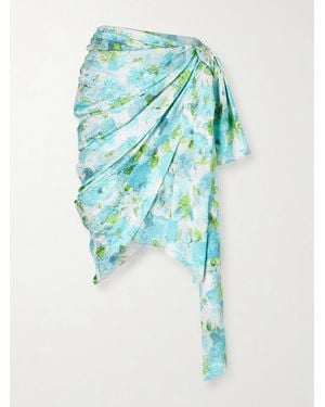Chloé Floral-Print Silk-Jacquard Draped Midi Skirt - Blue