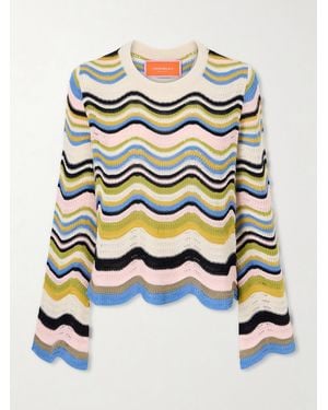 La DoubleJ Scalloped Striped Crocheted Cotton T-Shirt - Blue