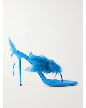Paris Texas Lidia 105 Feather-Trimmed Satin Mules - Blue