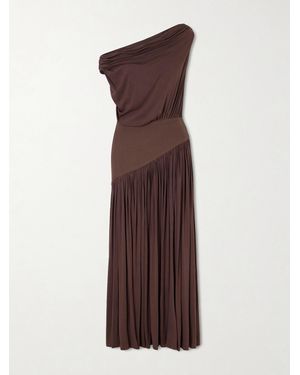 Abadia Gwen One-Shoulder Asymmetric Draped Jersey-Trimmed Stretch-Bamboo Maxi Dress - Brown