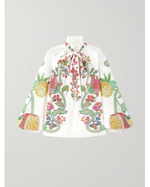 La DoubleJ Cerere Pussy-Bow Ruffled Floral-Print Cotton Poplin Blouse - Metallic