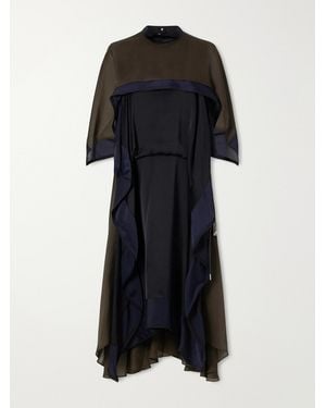 Sacai Satin Chiffon-Trimmed Midi Dress - Black