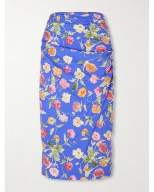 Carolina Herrera Ruched Floral-Print Cotton-Blend Midi Skirt - Blue