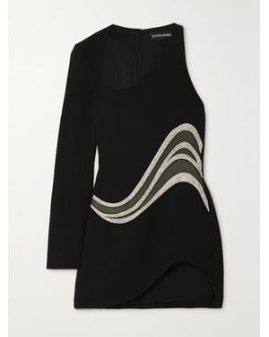 David Koma One-sleeve Crystal-embellished Mesh-trimmed Cady Mini Dress - Black