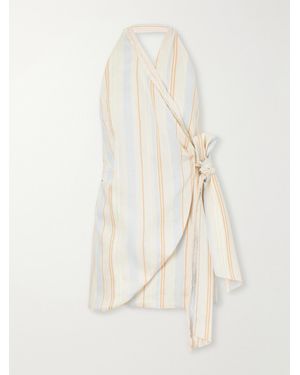 SIR. Pernille Frayed Halterneck Striped Woven Wrap Mini Dress - White