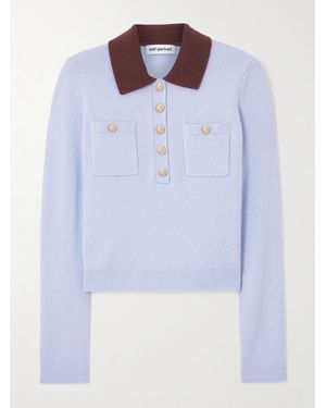 Self-Portrait Two-Tone Wool-Blend Polo Shirt - Blue