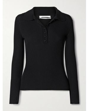 Another Tomorrow Ribbed-Knit Polo Sweater - Schwarz