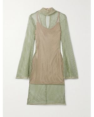 PATBO Crystal-Embellished Stretch-Mesh Mini Dress - Green