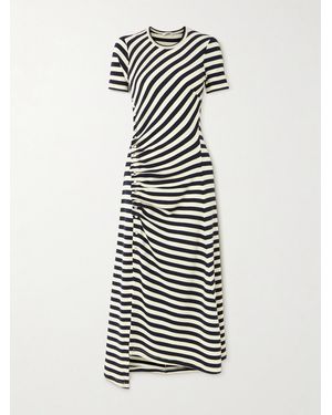 Rabanne Gathered Embellished Striped Wool-Blend Midi Dress - White