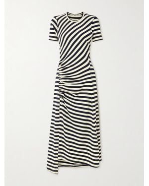 Rabanne Gathered Embellished Striped Wool-Blend Midi Dress - White