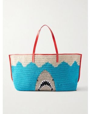 STAUD Christos Large Leather-Trimmed Sequin-Embellished Crocheted Tote - Blue