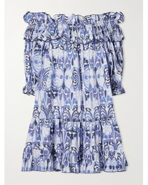 La DoubleJ Breakfast Off-The-Shoulder Tiered Printed Cotton Midi Dress - Blue